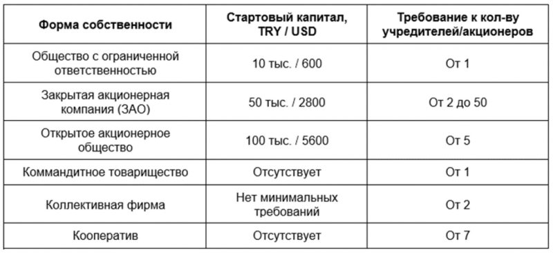 Формы собственности компаний в Турции